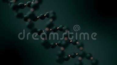 模糊绿松石DNA链在暗绿松石背景上旋转的抽象动画。 生物技术概念。